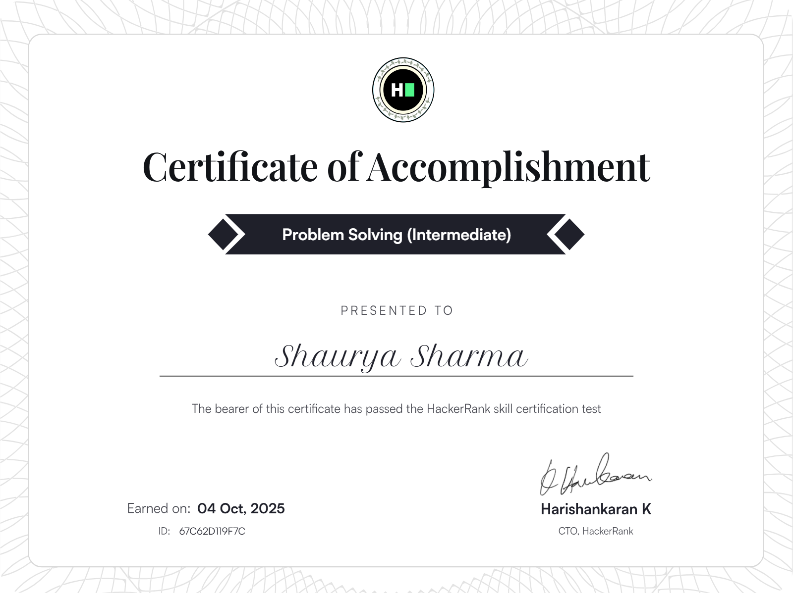 HackerRank Problem Solving Intermediate Certificate