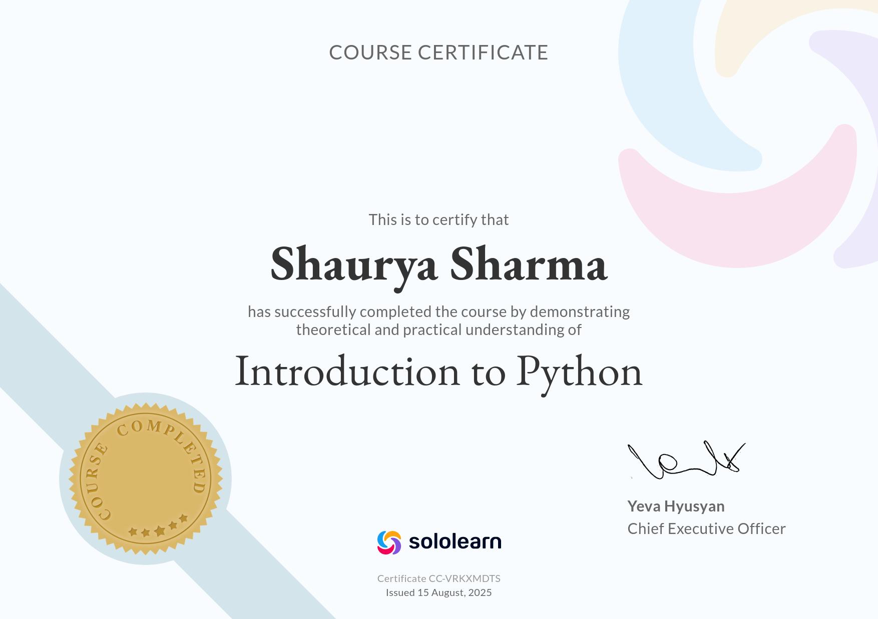 SoloLearn Introduction to Python Certificate